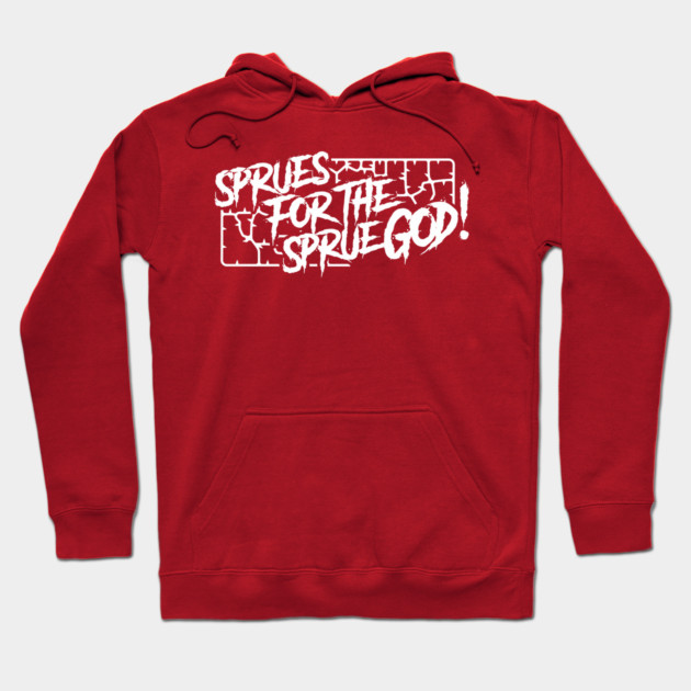 Red cotton hoodie with "Sprues for the Sprue God" graphic, casual style, ideal for everyday wear.