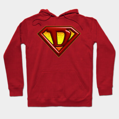Red superhero logo hoodie, cozy cotton blend, casual style, perfect for everyday wear and layering.