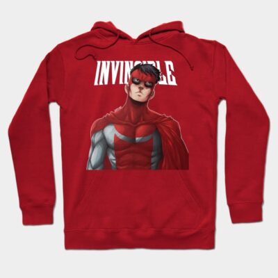 Red superhero graphic hoodie, Invincible design, casual style, cotton material, perfect for fans and comfortable wear.