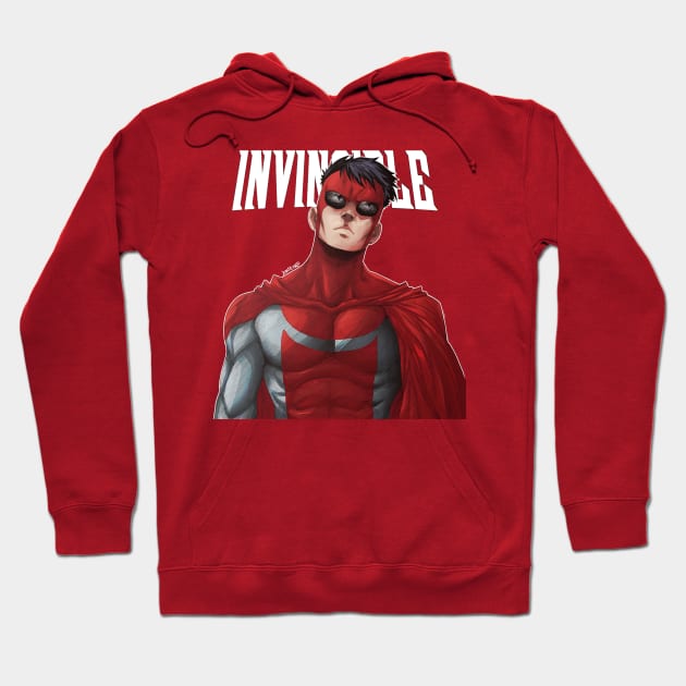 Red superhero graphic hoodie, Invincible design, casual style, cotton material, perfect for fans and comfortable wear.