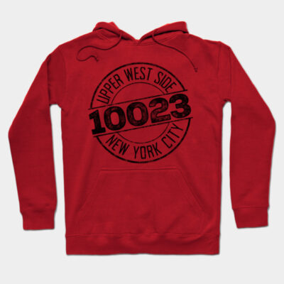 Red hoodie with "Upper West Side 10023 New York City" print, casual style, cotton blend, comfortable for everyday wear.