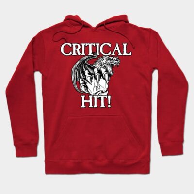 Red hoodie with "Critical Hit" text and dragon design, perfect for gamers. Soft cotton fabric, casual style.