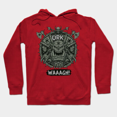 Red graphic hoodie featuring bold orc design and "WAAAGH!" text, ideal for casual wear and gaming enthusiasts.