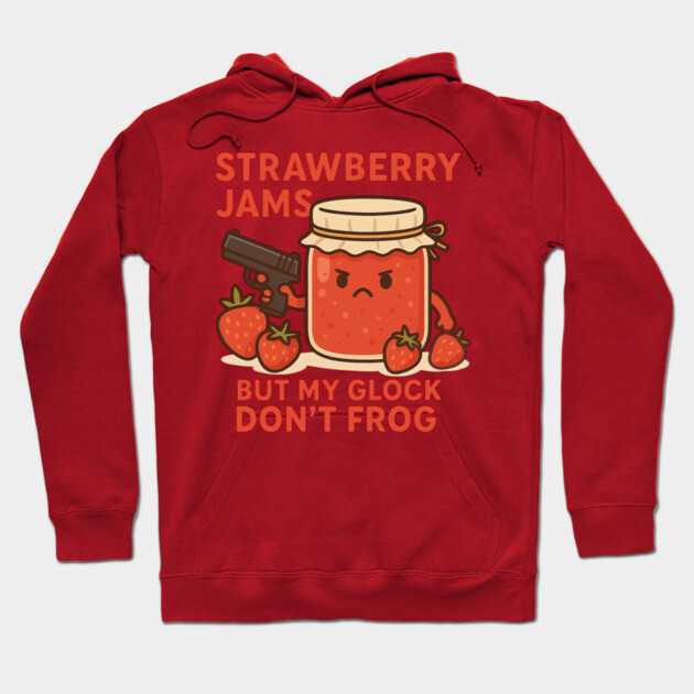 Red hoodie with a playful strawberry jam and text design, perfect for casual wear. Soft fabric, comfortable fit.