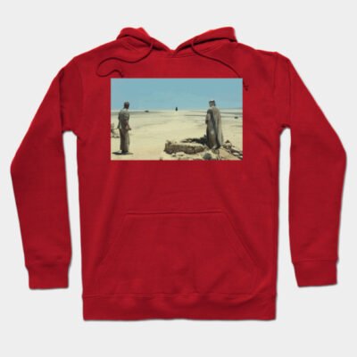 Red graphic hoodie, desert scene design, casual style, cotton blend, unisex, comfortable fit, perfect for cool weather.