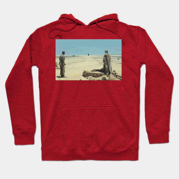 Red graphic hoodie, desert scene design, casual style, cotton blend, unisex, comfortable fit, perfect for cool weather.