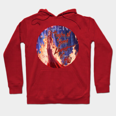 Red graphic hoodie with "They're all gonna laugh at you" text, featuring a fiery design. Casual wear, cotton blend.