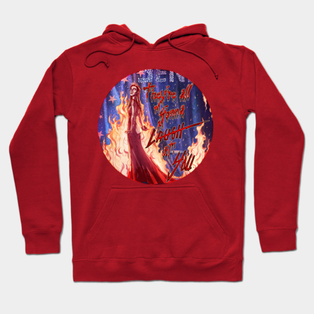 Red graphic hoodie with "They're all gonna laugh at you" text, featuring a fiery design. Casual wear, cotton blend.