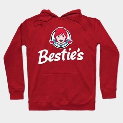 Red "Bestie's" hoodie with graphic print, featuring front pocket and drawstring hood, casual and comfortable cotton blend.