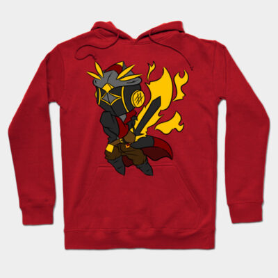Red hoodie with cartoon knight design, featuring vibrant flames and sword. Perfect for casual wear and comfort.