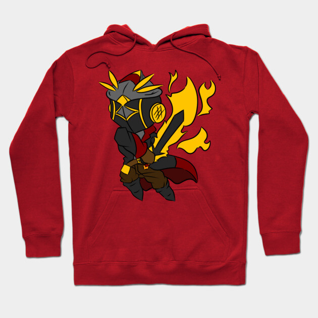 Red hoodie with cartoon knight design, featuring vibrant flames and sword. Perfect for casual wear and comfort.