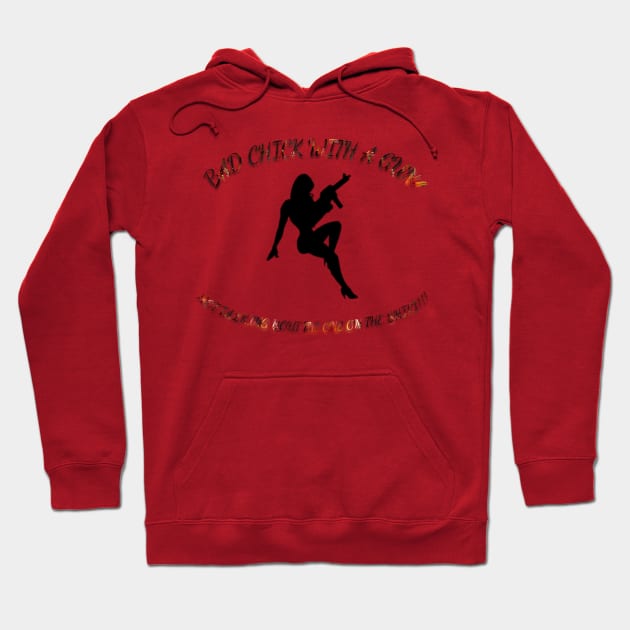 Red hoodie with black silhouette design, text graphic, and drawstring hood; casual wear for comfort and style.