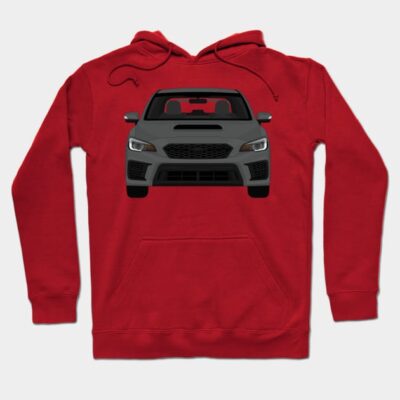Red hoodie with car graphic, front view. Casual style, cotton material, perfect for everyday wear.