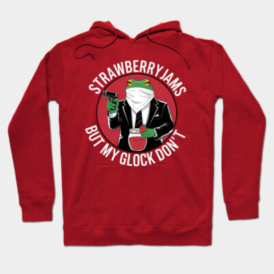 Red hoodie with playful frog graphic and text, cozy cotton blend, casual streetwear style for everyday comfort.