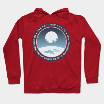 Red cotton hoodie with a space-themed graphic and text "The Frontier Awaits," ideal for casual wear and comfort.