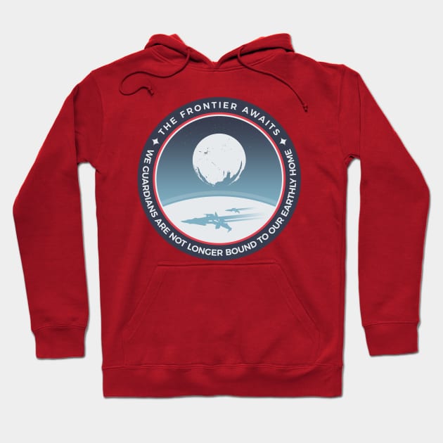 Red cotton hoodie with a space-themed graphic and text "The Frontier Awaits," ideal for casual wear and comfort.