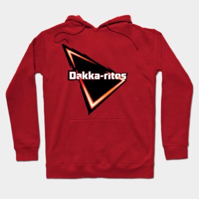 Red hoodie with a graphic design, featuring "Dakka-rites" text. Casual wear, perfect for everyday comfort.
