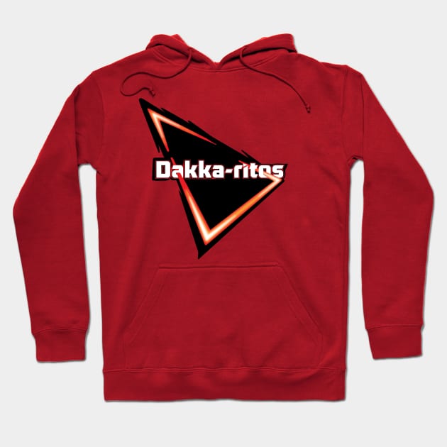 Red hoodie with a graphic design, featuring "Dakka-rites" text. Casual wear, perfect for everyday comfort.