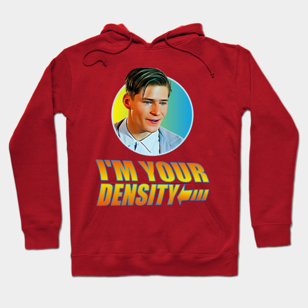 Red graphic hoodie with "I'm Your Density" text, featuring a retro style design, perfect for casual wear.