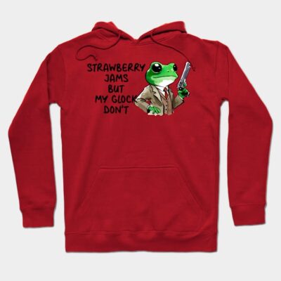 Red hoodie with playful frog graphic and humorous text, perfect for casual wear and made from soft, comfortable material.