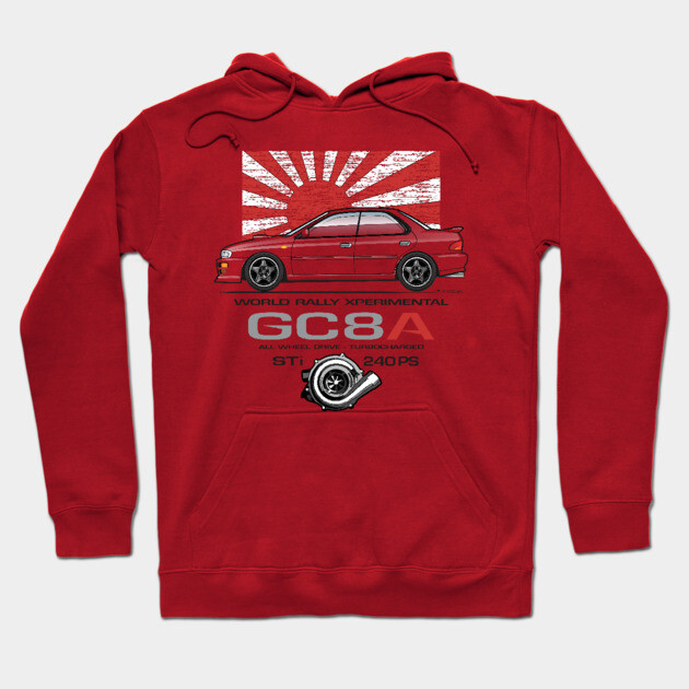 Red rally car hoodie with graphic design, featuring GC8A text, sporty style, and comfortable material for casual wear.