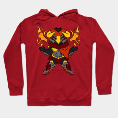 Red hoodie with a vibrant graphic design, featuring a cartoon character with flames. Cozy cotton blend, perfect for casual wear.