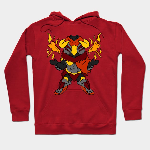 Red hoodie with a vibrant graphic design, featuring a cartoon character with flames. Cozy cotton blend, perfect for casual wear.