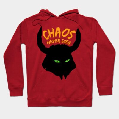 Red hoodie with "Chaos Never Dies" text and horned graphic, featuring neon green eyes. Casual, cotton blend.