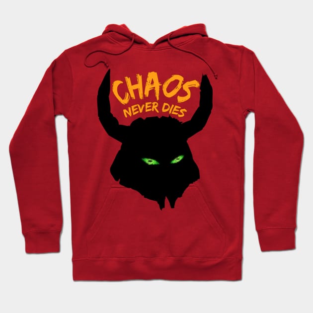 Red hoodie with "Chaos Never Dies" text and horned graphic, featuring neon green eyes. Casual, cotton blend.