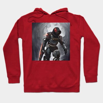 Red hoodie with futuristic warrior graphic, cotton material, casual style, perfect for gaming enthusiasts.