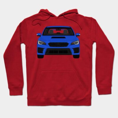 Red hoodie with blue car graphic, front view design. Casual wear, cotton material, comfortable and stylish.