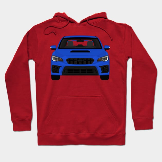 Red hoodie with blue car graphic, front view design. Casual wear, cotton material, comfortable and stylish.