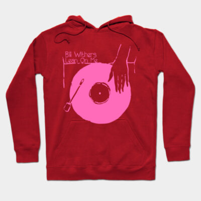 Red hoodie with pink vinyl record graphic and text design, featuring drawstrings and front pocket.