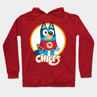 Red hoodie with cartoon dog graphic, football theme, featuring "Chiefs" text. Ideal for casual wear, cotton blend.