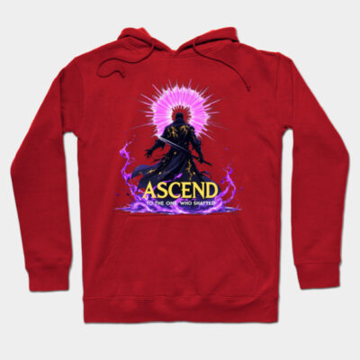 Red hoodie with fantasy graphic design, featuring text "Ascend to the One Who Shattered," cotton material, casual wear.