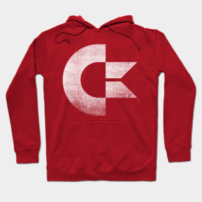 Red hooded sweatshirt with retro logo, front pocket, and drawstring, perfect for casual wear and comfort.