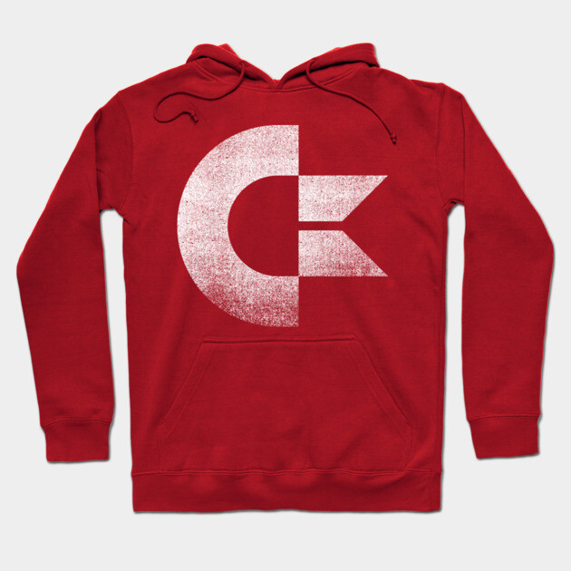 Red hooded sweatshirt with retro logo, front pocket, and drawstring, perfect for casual wear and comfort.