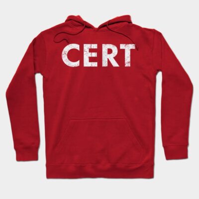 Red hoodie with "CERT" text, featuring a front pocket and drawstring hood, ideal for casual wear. Cotton blend material.