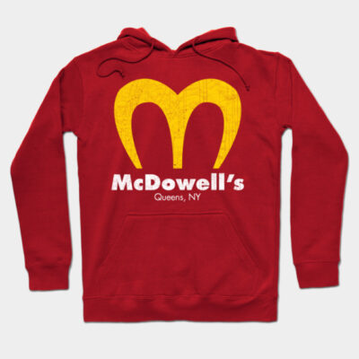 Red hoodie with yellow "McDowell's" logo, kangaroo pocket, cotton blend, casual wear, ideal for cooler weather.