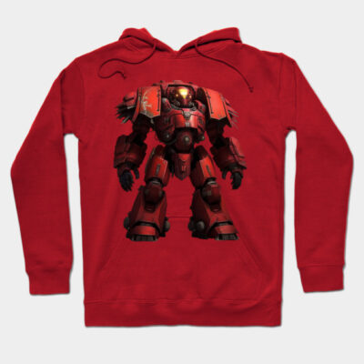 Red hoodie featuring a futuristic robot design, perfect for casual wear, made from soft, durable cotton blend.