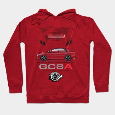 Red hoodie with car graphic, "World Rally Xperimental GC8A" design, sporty style, cotton material, casual wear.