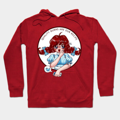 Red hoodie with cartoon design, text "Quality Burns Are Our Recipe," casual style, comfortable cotton blend.