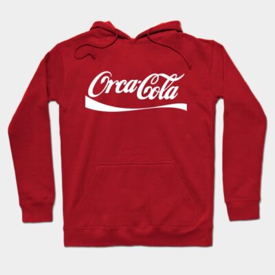 Red hoodie with "Orca-Cola" text, casual style, perfect for everyday wear, cozy and soft material.