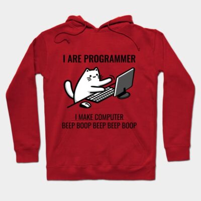 Red hoodie with cat graphic and humorous text, ideal for programmers. Cozy cotton material, perfect for casual wear.