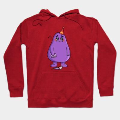 Red hoodie with a cute purple cartoon character design, perfect for casual wear, featuring a soft cotton blend.