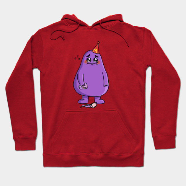 Red hoodie with a cute purple cartoon character design, perfect for casual wear, featuring a soft cotton blend.