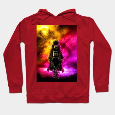 Red hoodie with vibrant graphic design, featuring colorful abstract art. Cozy cotton material for casual wear.