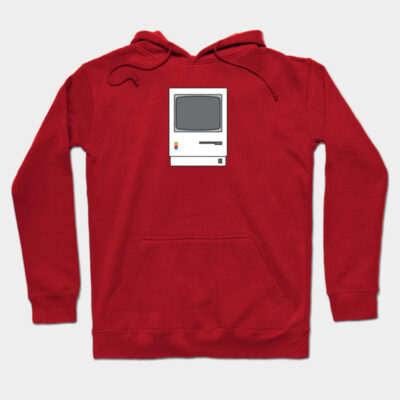 Red hoodie with retro computer graphic, cotton blend, casual style, perfect for tech enthusiasts.