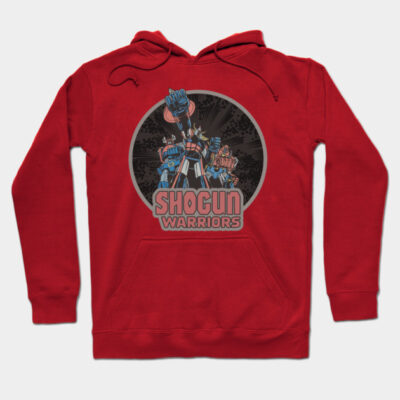 Red hoodie featuring Shogun Warriors graphic, ideal for casual wear, soft cotton blend, unisex style.