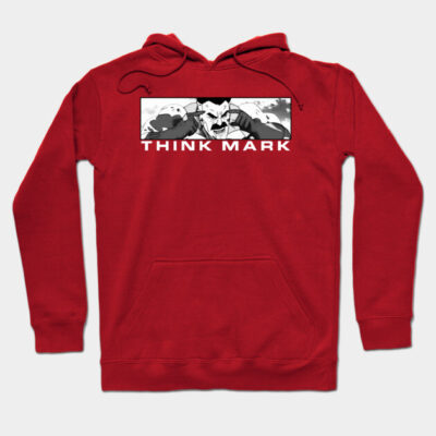 Red graphic hoodie with "Think Mark" text, featuring bold black and white illustration. Cozy cotton blend for casual wear.